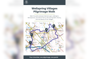 Map showing a pilgrimage walk route between Wanborough, Liddington, Bishopstone and Hinton Parva villages