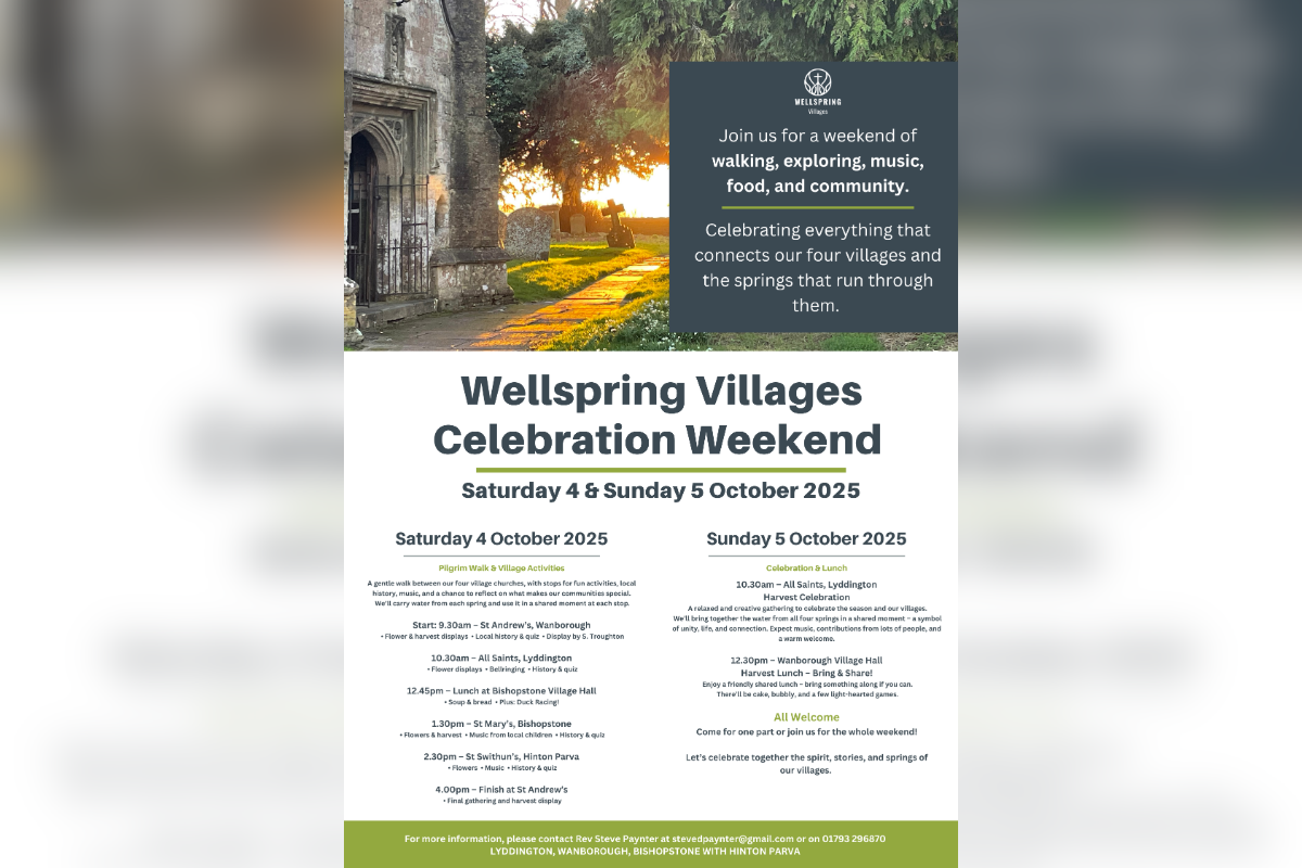 Poster for Wellspring Villages Celebration Weekend with walking, music, food and community events in October 2025