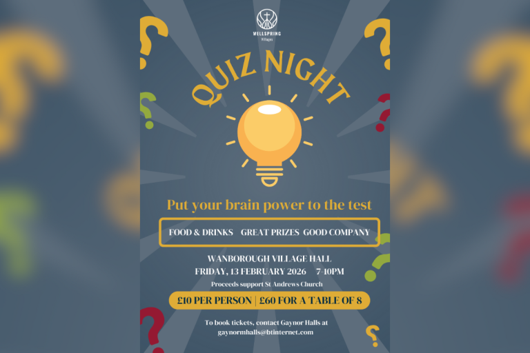 Quiz night fundraiser poster with details of event at village hall supporting local church